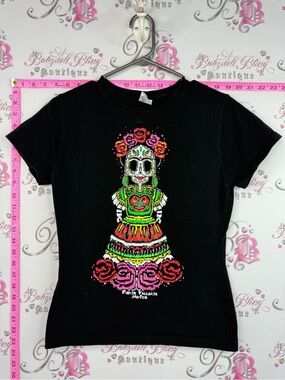Yazbek Tshirt Black Short Sleeve Tee with Colorful Day of the Dead Doll Graphic
